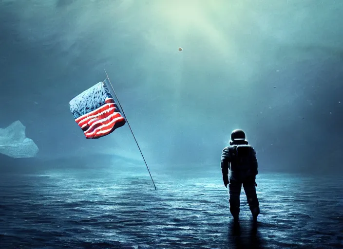 Image similar to astronaut holding a flag in an underwater desert. a submarine is visible in the distance. dark, concept art, cinematic, dramatic, atmospheric, 8 k, trending on artstation, blue, fish, low visibility, fog, ocean floor, christopher nolan, interstellar