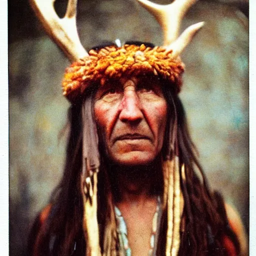 Prompt: color polaroid photograph of a neolithic shaman wearing a deer antler headdress