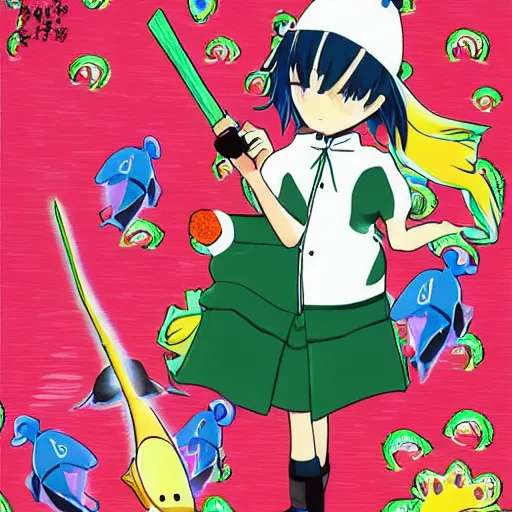 Prompt: duck with a fish custome anime trending illustration official art