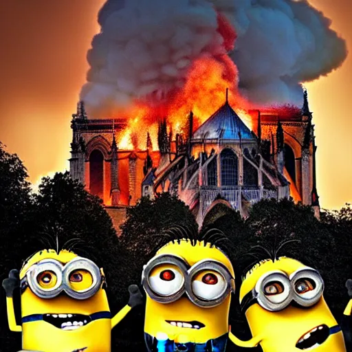 Image similar to “minions laughing as the Notre dame burns behind them, 4k, digital art, award winning”