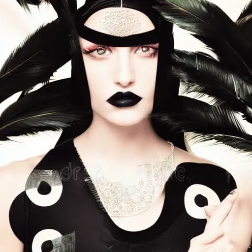 Prompt: close up of the face of a female fashion model in art-deco entrance hall, model wearing a geometric black dress, photography , official versace editorial , highly detailed