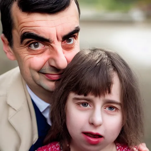 Image similar to A portrait mr bean elizabeth teams up with a teenage mr bean, perfect faces, 50 mm, award winning photography