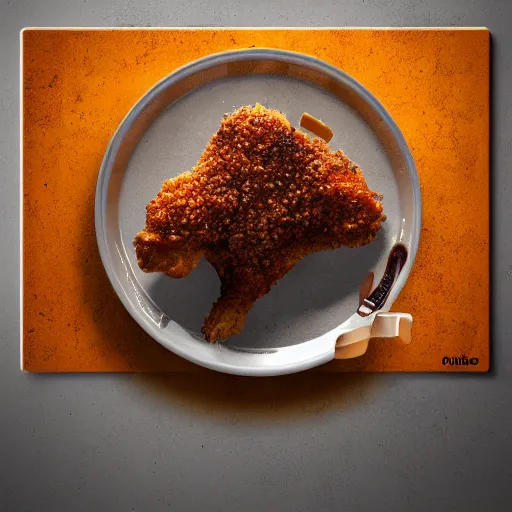 Image similar to chicken fried on a computer cpu chip plate, food, poster, orthographic, octane