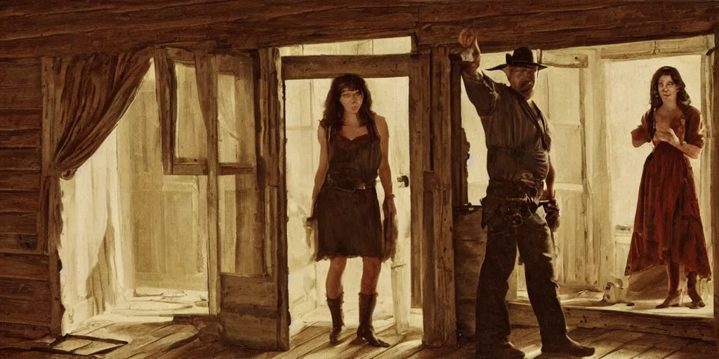 Prompt: in an old west cabin, close up portrait of beautiful Mila Jovovich ((alone)) in the doorway and Dave Bautista cowboy standing opposite ((alone)) at the window, arguing, symmetrical, in the style of Fredrick Remington, oil painting