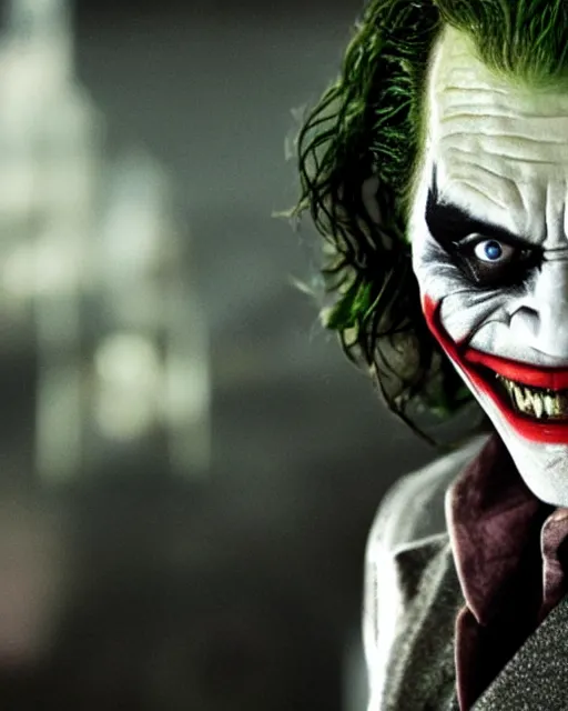 Image similar to a movie still of Batman starring Willem Dafoe as the Joker smiling, 8k, Technicolor, telephoto lens, detailed skin, detailed realistic eyes, medium shot, mid-shot