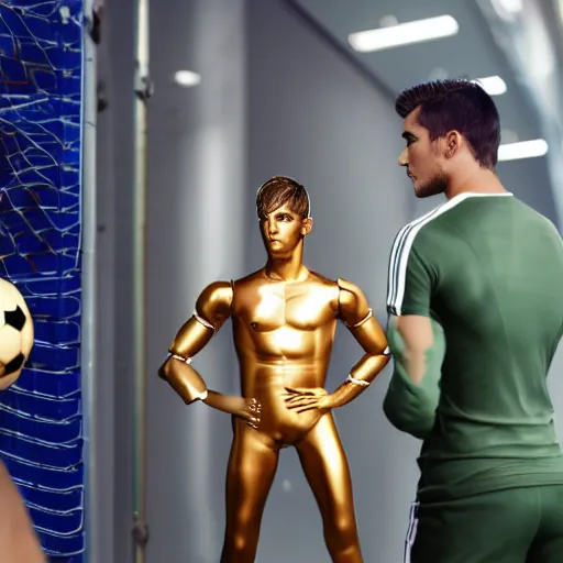 Image similar to a realistic detailed photo of a guy who is an attractive humanoid who is half robot and half humanoid, who is a male android, attractive and handsome soccer players, shiny skin, posing like a statue, blank stare, in a factory, on display, showing off his muscles, gold soccer shorts, side view, looking at each other mindlessly