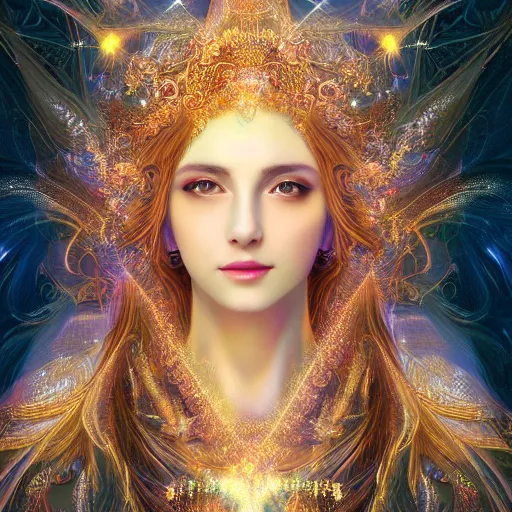 Prompt: highly detailed digital painting portrait of a beautiful goddess by wlop, bright light emerging from her eyes, with small diadem, with lots of thin ornaments, curves and chaotic fractal art inlays, intricate, 8 k, golden aura, cinematic light, background atmospheric effects, sparkles, light rays, mixed with mucha style