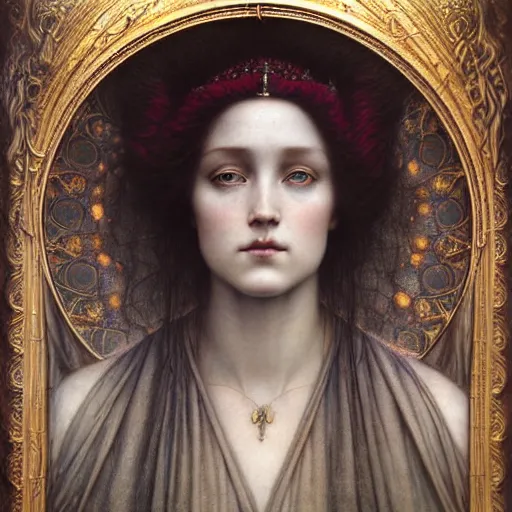 Image similar to detailed realistic beautiful young medieval queen face portrait by jean delville, tom bagshaw, brooke shaden, gustave dore and marco mazzoni, art nouveau, symbolist, visionary, gothic, pre - raphaelite, ornate gilded medieval icon, surreality, ethereal, unearthly