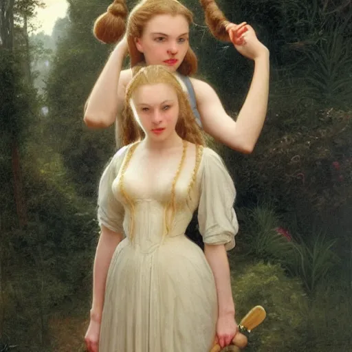 Prompt: anya taylor-joy standing next to donald duck, pale, long blond braided hair, shining, illustration, bouguereau