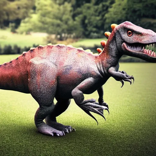 Image similar to a dinosaur walking in the yard, Photoshot, realistic