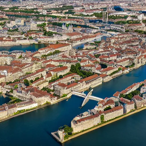 Image similar to aerial view of bordeaux, art concept, architectural, coherent, you can see the river and most known monuments, tropical mood, water is like a lagoon