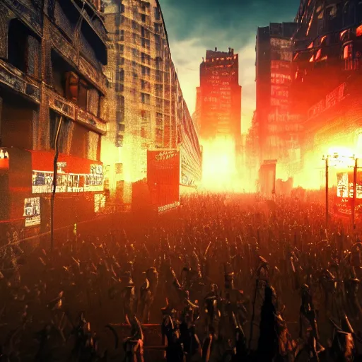 Prompt: city of hell, heavy metal rock city of hell, people in the city headbanging and marching like they do in a moshpit, realistic, hdr, clear image, hdd, dynamic lighting, rtx on,