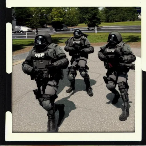 Prompt: Polaroid photo of a SWAT team of furry fandom fursuiters with tails engaging in a training exercise at the FBI Academy in Quantico, Virginia.