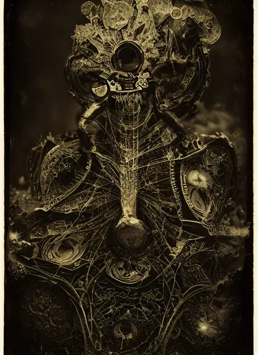 Image similar to old wetplate daguerreotype beautiful demon, explosion of data fragments, fractal, intricate, elegant, highly detailed, parallax, leica, medium format, subsurface scattering, by jheronimus bosch and greg rutkowski and louis jacques mande daguerre