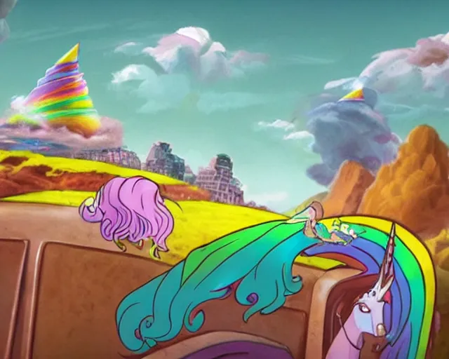 Image similar to the rainbow unicorn from adventure time with Fin and Princess bubblegum riding on top flying through a ruined city in hyper realistic style
