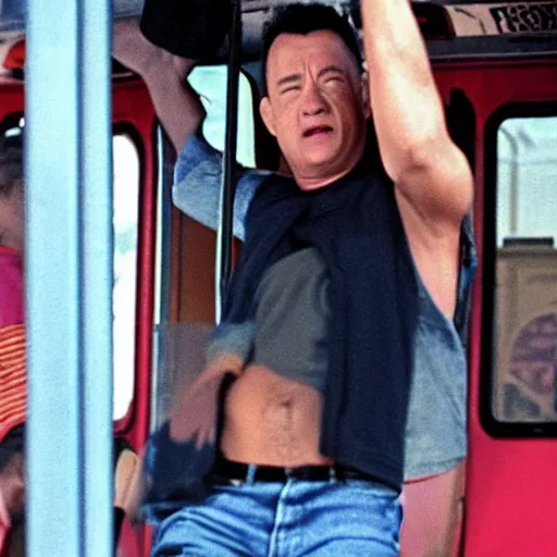 Prompt: shirtless tom hanks rides the bus