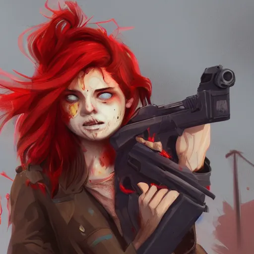 Image similar to a concept art of a boy and a girl with red hair holding a gun, zombie apocalypse, highly detailed, digital painting, artstation, concept art, smooth, sharp focus, illustration