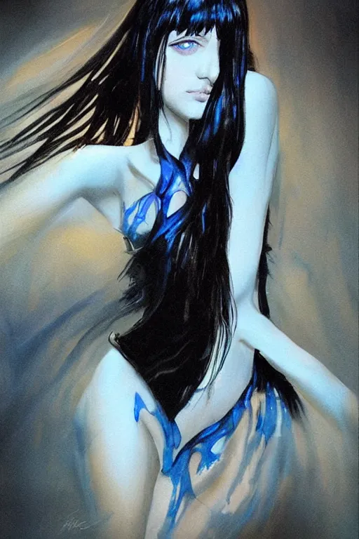 Prompt: portrait of teenage girl with glossy black hair, blue eyes, glowing porcelain skin, fashion model features, dar!dream portrait of teenage girl with glossy black hair, blue eyes, glowing porcelain skin, fashion model features, dark academia, intricate, elegant, highly detailed, digital painting, artstation, concept art, smooth, sharp focus, illustration, art by Krenz Cushart and Artem Demura and alphonse mucha