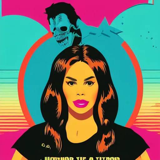 Image similar to a horror movie poster, staring Sofía Vergara as the heroine, neighborhood themed, synthwave, cyberwave, by Tom Whalen