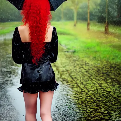 Prompt: anime girl walks in lingerie and pantyhose in the rain with an umbrella, red curly hair in pigtails with an elastic band, rain, full length, 8k n- 9