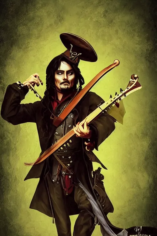 Image similar to Breathtaking comic book style of Johny Depp portrayed as a Dungeons and Dragons bard, playing the lute and wearing a pale green jacket in the style of ilya kuvshinov