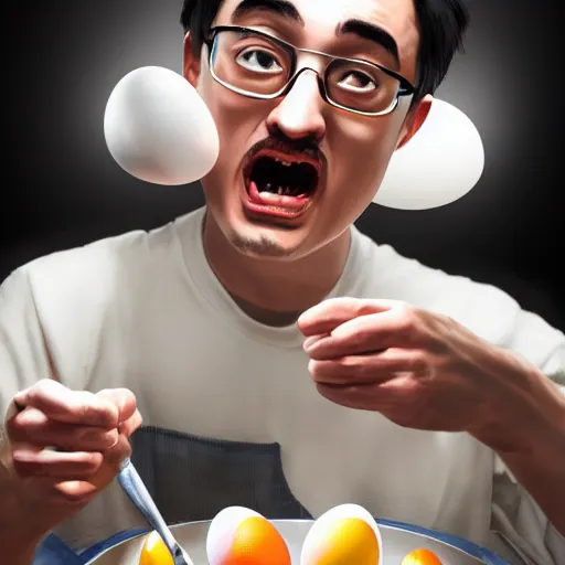 Prompt: Filthy Frank making eggs while screaming at the camera in his kitchen, fisheye lens, above angle, 8k resolution, realistic, hyperrealistic, detailed, very detailed, HD quality, digital art, trending on artstation