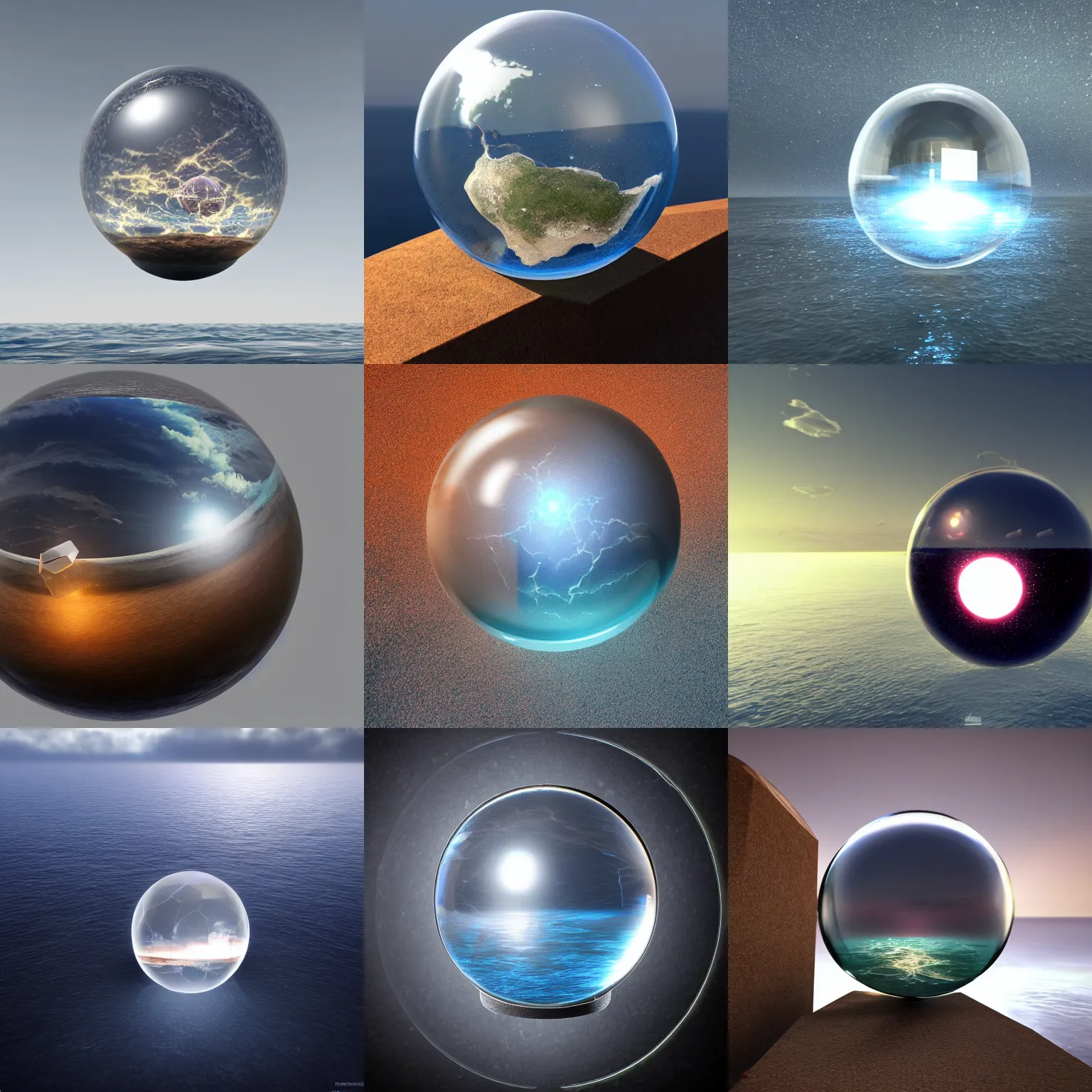 Prompt: A glass sphere containing a dark cube hovers over the ocean, 8k photorealistic, HD, high details, concept art, trending on artstation