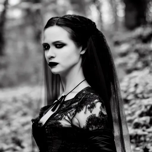 Prompt: A beautiful portrait of a lady vampire, victorian, dracula, ominous, depth of field, 85mm lens, bokeh, photorealism, ultra detailed, irwin penn, high definition, soft light