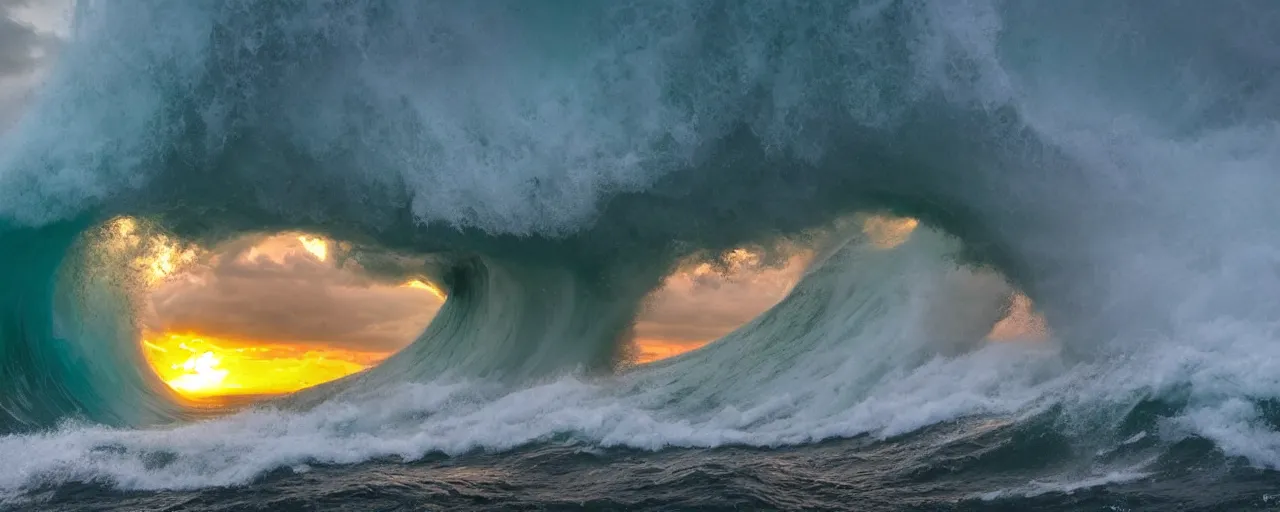 Prompt: enormous wave about to crash, green waters, storm, backlit, sunset, dramatic ligthting, atmospheric