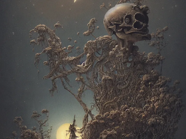 Image similar to a detailed profile illustration of skelleton, aurora lighting clouds and stars by beksinski carl spitzweg and tuomas korpi. baroque elements. baroque element. intricate artwork by moebius. Trending on artstation. 8k