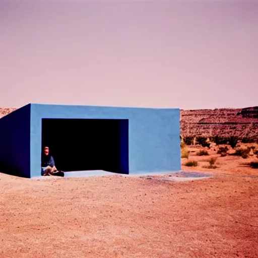 Prompt: a man sitting outside a Non-Euclidean orb-like clay house sitting in the desert, vintage photo, beautiful cinematography, blue sky, film grain, extreme wide shot, far away, James Turrell