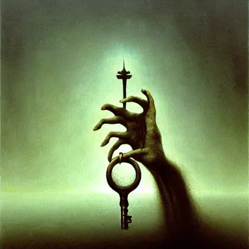 Prompt: arm reaching out of thick fog, holding a brass key, zdzislaw beksinski