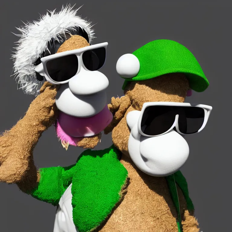 Prompt: photorealistic 3 d gonzo muppet, styled bored ape yacht club nft, green cap, mutant features with fair skin, damaged and matted fur, wearing wayfinder sunglasses, white hoodie for clothes, wearing a gold medallion, hd, octane render