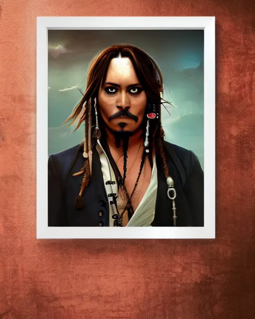 Image similar to a detailed poster in white frame hanging on the wooden wall, portrait of captain jack sparrow, in the style of ilya kuvshinov, rossdraws, wlop