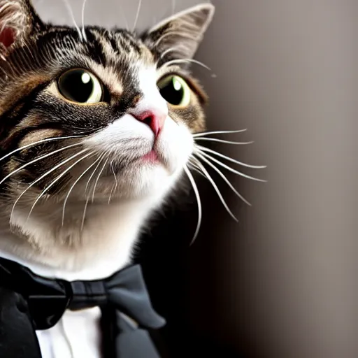 Image similar to a high detail closeup shot of a cat wearing a suit and smoking a cigar