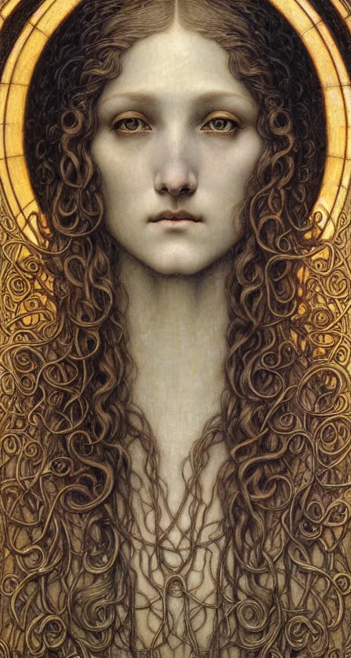 Image similar to detailed realistic beautiful young medieval queen face portrait by jean delville, gustave dore and marco mazzoni, art nouveau, symbolist, visionary, gothic, pre - raphaelite. horizontal symmetry