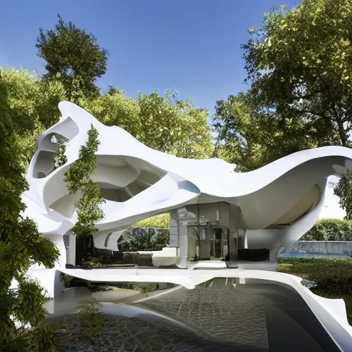 Image similar to evolving fractal, flowing white architectural Villa, futuristic 3D, voronoi pattern of a timber-frame pool pavilion with magnolias on the roof has its own guest entry and distinct areas for cooking, dining, and relaxing, the dining rotunda has a built-in pizza oven and a custom-designed table to accommodate eight to 16 people, the center section of the structure features the kitchen and bar, the lounge rotunda provides a covered seating area located adjacent to the fireplace, the pavilion’s ceiling has a floral motif that mimics a magnolia tree near the pool slide, sun rays through the pavilion structure, lush botanical trees, prairie landscaping, sunrise, golden hour, illuminated pool, fluffy clouds