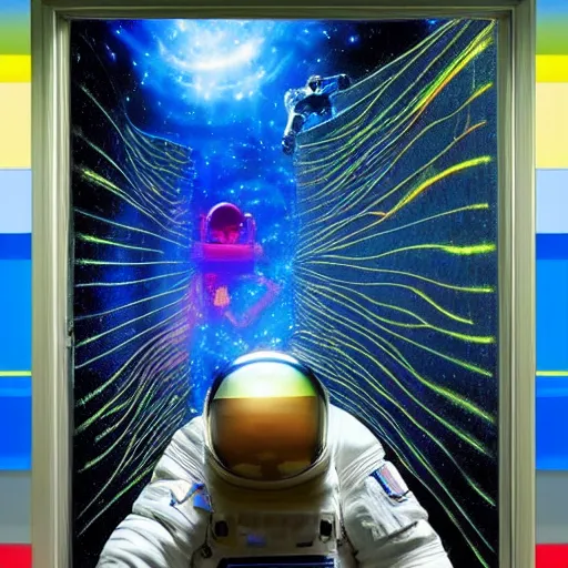 Image similar to psychedelic astronaut opening door that shows us space time and the universe, highly detailed and epic composition.