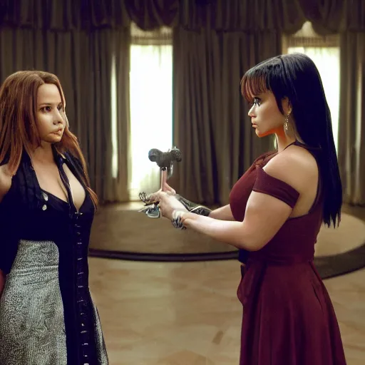 Image similar to close-up of Demi Lovato as Piper Halliwell and Selena Gomez as Phoebe Halliwell and Ariana Grande as Prue Halliwell in a Charmed movie directed by Christopher Nolan, movie still frame, promotional image, imax 35 mm footage