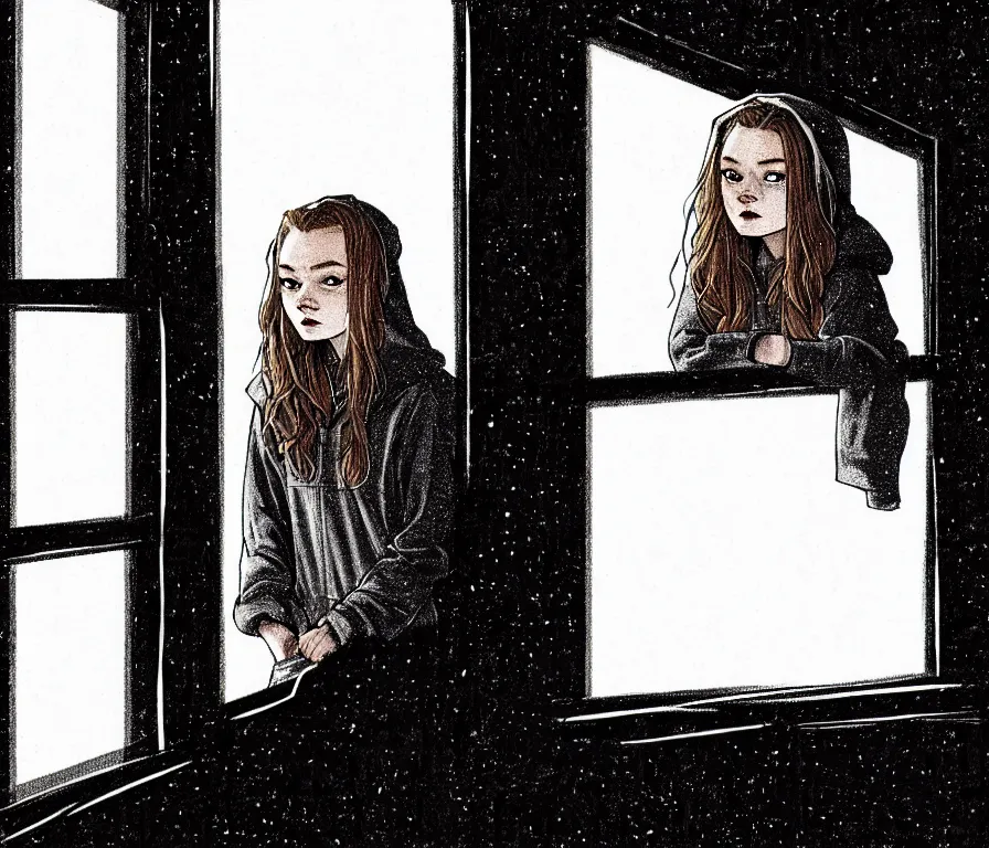 Image similar to sadie sink in hoodie sits on windowsill, knees tucked in | rain falls at night : storyboard, scifi cyberpunk. by gabriel hardman, joe alves. cinematic atmosphere, detailed and intricate, perfect anatomy