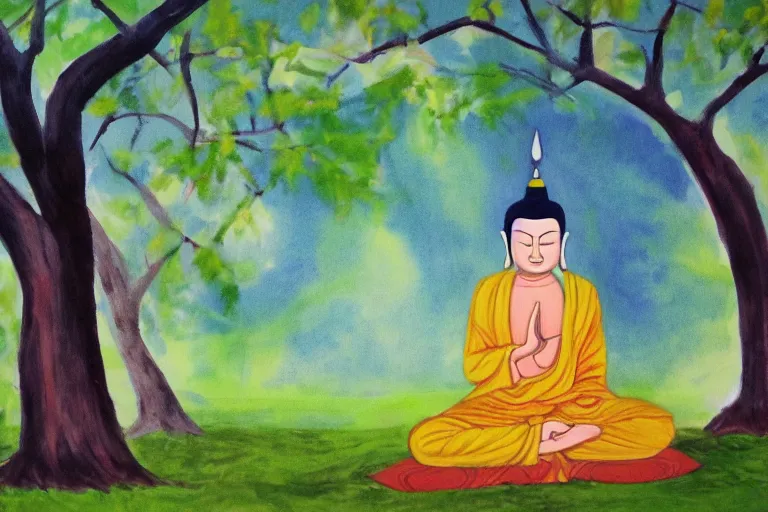 Image similar to painting of a peaceful buddha meditating under a tree, acrylic art, calm, soothing, cosy, elegant, soft light,