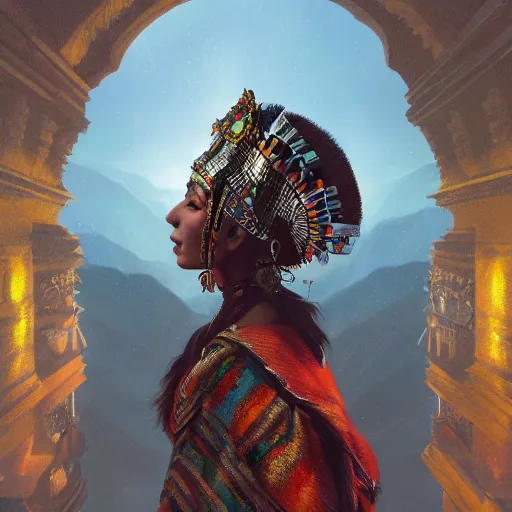 Prompt: Inca queen, gorgeous portrait, intricate, elegant, volumetric lighting, scenery, digital painting, highly detailed, artstation, sharp focus, illustration, concept art, ruan jia, steve mccurry