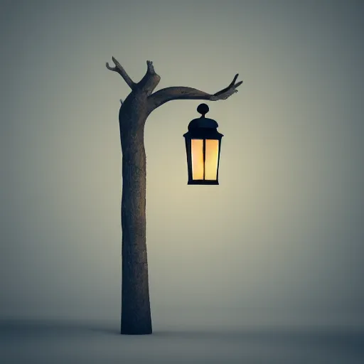 Prompt: lonely old lantern on empty modern street in the branches of a dry tree at night, octane render