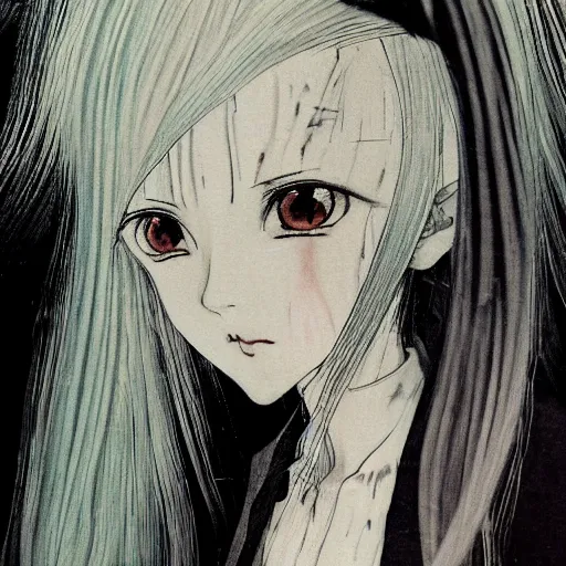 Image similar to Yoshitaka Amano dreamy and blurry portrait of an anime girl with white hair and cracks on her face wearing dress suit with tie fluttering in the wind, abstract black and white patterns on the background, head turned to the side, noisy film grain effect, highly detailed, Renaissance oil painting, weird camera angle