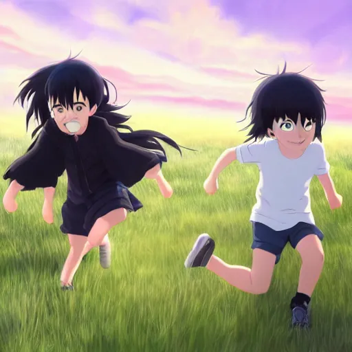 Prompt: beautiful, detailed digital painting of two black-haired children running through a field, sunny, anime by Makoto Shinkai, trending on artstation