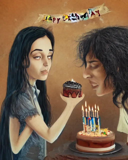 Image similar to happy birthday postcard in a style of Neil Gaiman book , birthday cake for a young black haired girl, trending on artstation, 8k, highly detailed