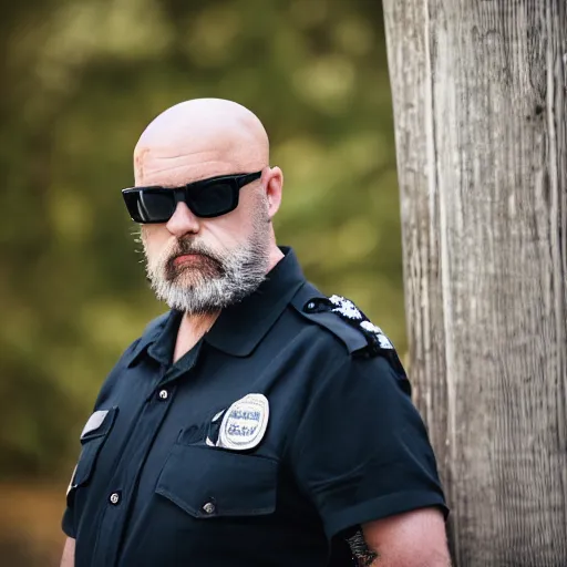 Prompt: A portrait photo of a 50 year old bald and bearded security guard, wearing sunglasses, with serious face expression, standing near his post. 50 mm lens
