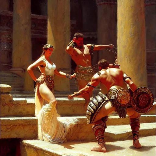 Image similar to gladiators in the coliseum. highly detailed painting by gaston bussiere, craig mullins, j. c. leyendecker 8 k