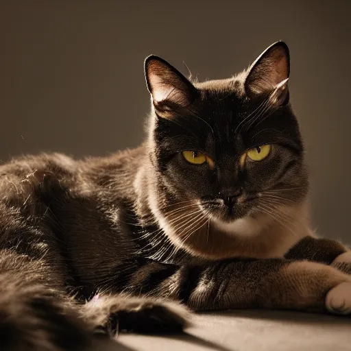 Prompt: cat in full riot gear, moody lighting, 8 k, shallow depth of field, cinematic lighting,