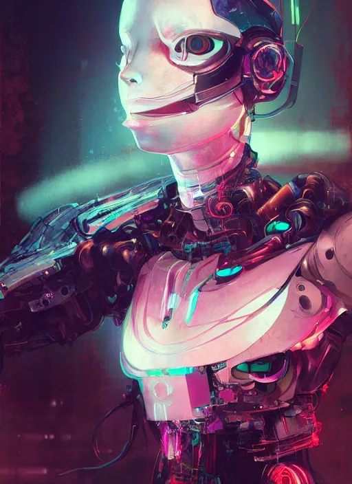 Image similar to surreal painting, by yoshitaka amano, by ruan jia, by conrad roset, by good smile company, by Kilian Eng, detailed anime 3d render of a female mechanical android, portrait, cgsociety, artstation, modular patterned mechanical costume and headpiece, cyberpunk atmosphere